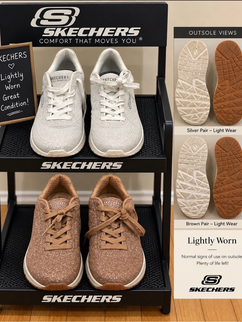 Skechers Women’s Sparkle Sneakers Silver & Rose Gold 2 Pair Bundle